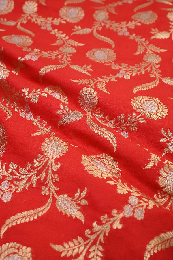 Red Banarasi Silk Fabric with Floral Sona Rupa Work