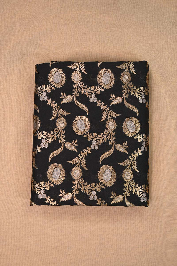 Black Banarasi Silk Fabric with Floral Sona Rupa Work