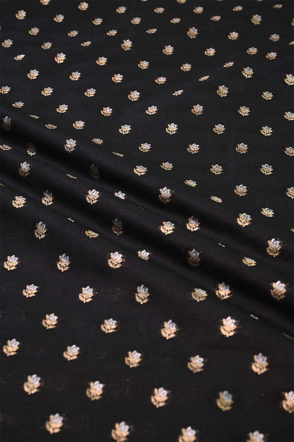 Black Banarasi Silk Fabric with Floral Gold Zari Work