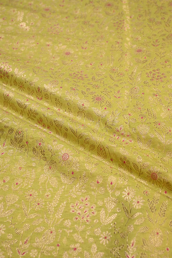 Lime Green Banarasi Silk Fabric with Meenakari Floral Jaal Design