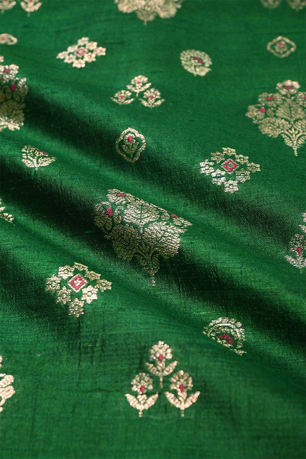 Green Raw Silk Fabric with Zari Meenakari Work