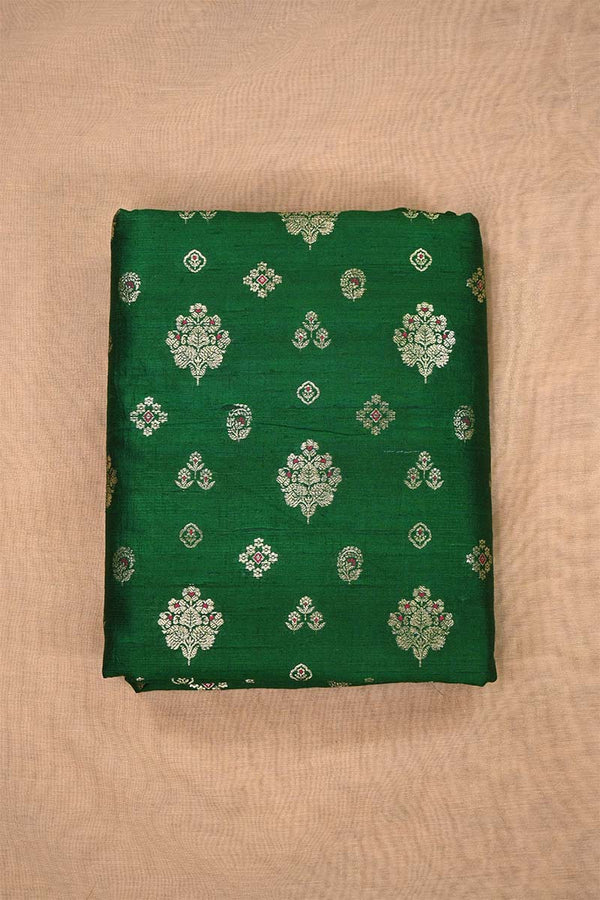 Green Raw Silk Fabric with Zari Meenakari Work