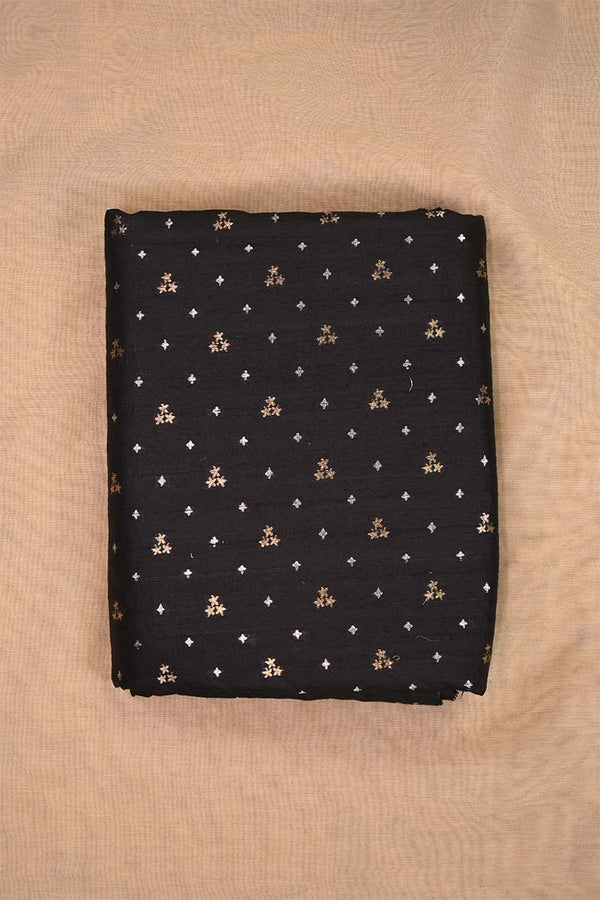 Black Raw Silk Fabric with Gold and Silver Motifs