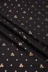 Black Raw Silk Fabric with Gold and Silver Motifs