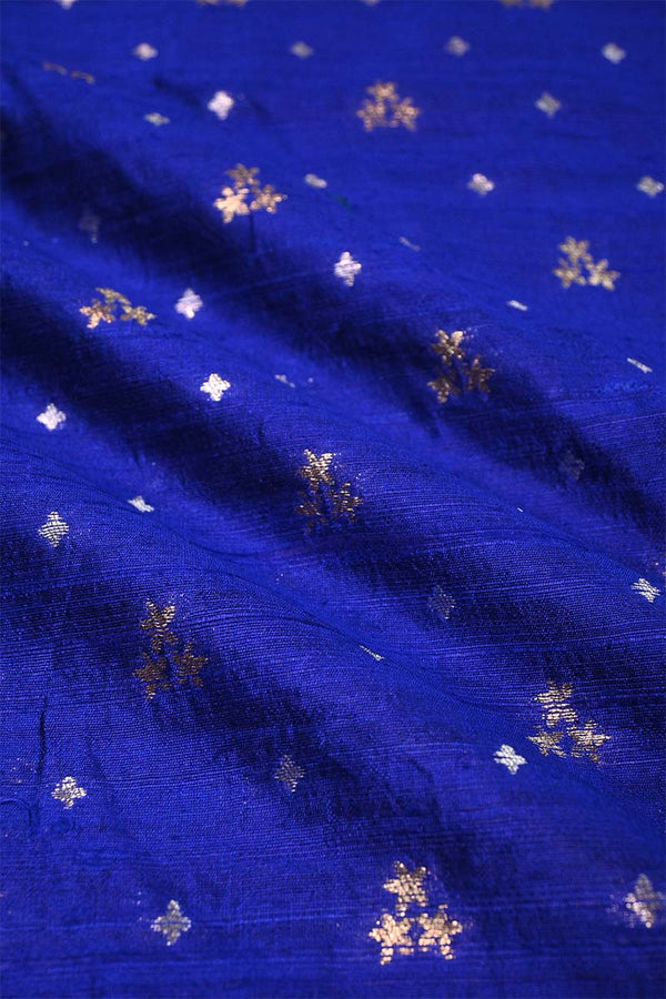Royal Blue Raw Silk Fabric with Gold and Silver Motifs