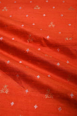 Orange Raw Silk Fabric with Gold and Silver Motifs