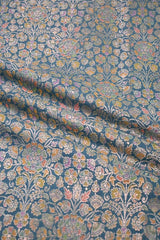 Teal Blue Banarasi Chiniya Silk Fabric with Multicolor Floral Meenakari Work