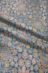 Teal Blue Banarasi Chiniya Silk Fabric with Multicolor Floral Meenakari Work
