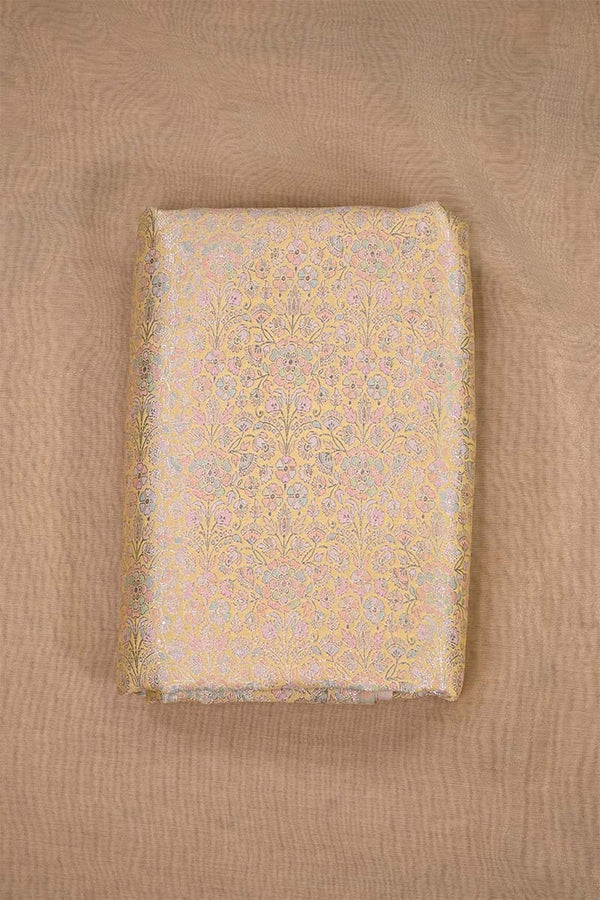 Butter Yellow Banarasi Chiniya Silk Fabric with Multicolor Floral Meenakari Work