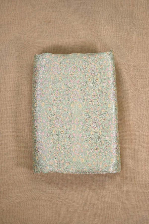 Pista Green Banarasi Chiniya Silk Fabric with Multicolor Floral Meenakari Work