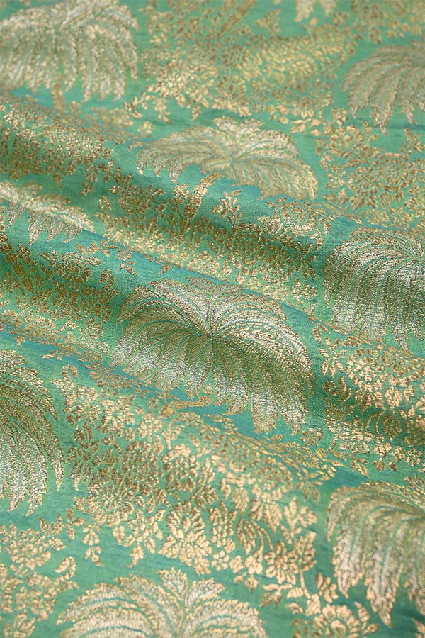 Light Green Banarasi Silk Fabric with Floral Jaal Palm Tree Motifs