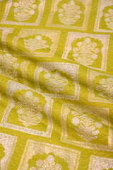 Lime Green Banarasi Silk Fabric with Floral Ornament Pattern