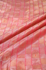 Peach Banarasi Silk Fabric with Gold & Silver Zari Geometric Motifs