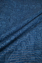 Close-up of blue Chanderi fabric with digital floral print, fine zari vertical stripe detailing
