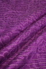 Close-up of Purple Chanderi fabric with digital floral print, fine zari vertical stripe detailing