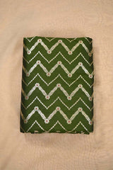 Olive Green Banarasi Silk Fabric with Zig-Zag Zari Stripes