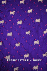 Purple Chiniya Silk Bandhani Fabric with Gold Zari Pichwai Motifs