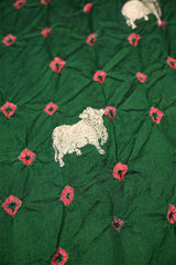 Bottle Green Chiniya Silk Bandhani Fabric with Gold Zari Pichwai Motifs