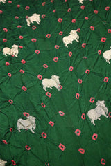 Bottle Green Chiniya Silk Bandhani Fabric with Gold Zari Pichwai Motifs