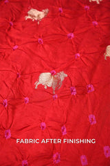 Red Chiniya Silk Bandhani Fabric with Gold Zari Pichwai Motifs