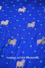 Royal Blue Chiniya Silk Bandhani Fabric with Gold Zari Pichwai Motifs