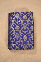 Ink Blue Banarasi Silk Brocade Fabric with Gold Zari Floral Motifs