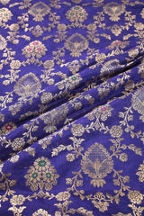 Ink Blue Banarasi Silk Brocade Fabric with Gold Zari Floral Motifs