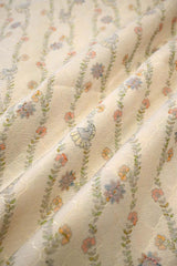 Close-up of floral patterned fabric with small flowers and leaves.