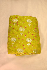 Lime Green Chiniya Banarasi Silk Fabric with Bandhni and Zari Meenakari