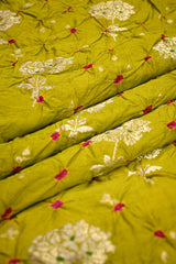 Lime Green Chiniya Banarasi Silk Fabric with Bandhni and Zari Meenakari