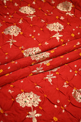 Red Chiniya Banarasi Silk Fabric with Bandhni and Zari Meenakari Motifs