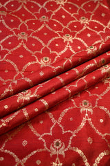 Deep Red Raw Silk Fabric with Zari Meenakari Floral Jaal