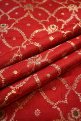Deep Red Raw Silk Fabric with Zari Meenakari Floral Jaal