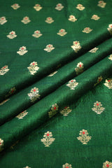 Bottle Green Raw Silk Fabric with Zari Meenakari Buti