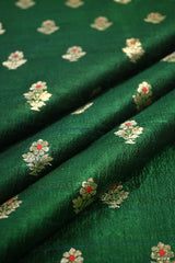 Bottle Green Raw Silk Fabric with Zari Meenakari Buti