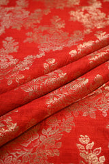 Red Raw Silk Fabric with Gold Zari Floral Jaal