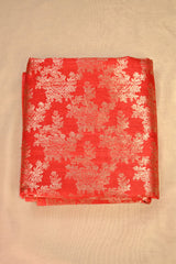 Red Raw Silk Fabric with Gold Zari Floral Jaal
