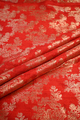 Red Raw Silk Fabric with Gold Zari Floral Jaal
