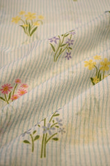 Light Blue Modal Cotton Fabric with Floral Printed Stripes and