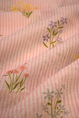 Pastel Pink Modal Cotton Fabric with Floral Printed Stripes