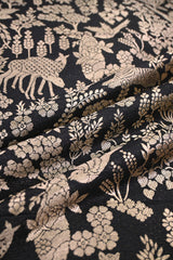 Black Katan Silk Fabric with Gold Zari Shikargah Jaal
