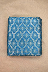 Cobalt Blue Raw Silk Fabric with Criss-Cross & Floral Buti