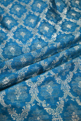 Cobalt Blue Raw Silk Fabric with Criss-Cross & Floral Buti