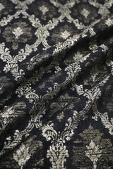 Black Raw Silk Fabric with Criss-Cross & Floral Buti