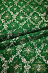 Green Raw Silk Fabric with Floral Watergold Zari Criss-Cross & Floral Buti