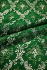 Green Raw Silk Fabric with Floral Watergold Zari Criss-Cross & Floral Buti
