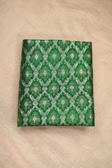 Green Raw Silk Fabric with Floral Watergold Zari Criss-Cross & Floral Buti