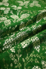 Green Banarasi Raw Mango Silk Fabric with Gold & Silver Zari Floral Leaf Pattern