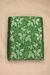 Green Banarasi Raw Mango Silk Fabric with Gold & Silver Zari Floral Leaf Pattern