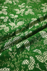 Green Banarasi Raw Mango Silk Fabric with Gold & Silver Zari Floral Leaf Pattern